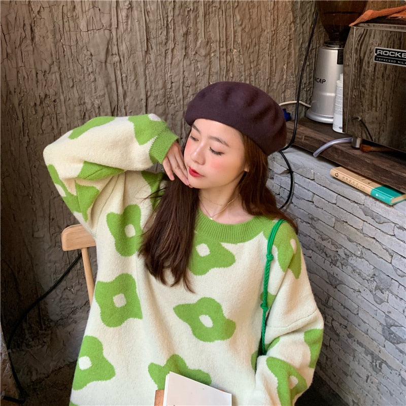 GirlKino Flower Knitted Sweater Women Green Oversized Pullovers Sweater Winter Clothes Loose Long Sweaters Streetwear Sueter Mujer