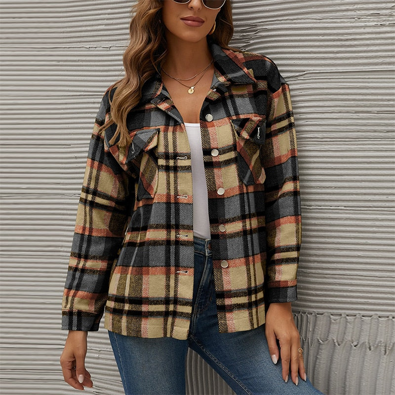GirlKino Winter Plaid Shirt Jacket For Women Checkered Jacket Coat Casual Long Sleeve Thick Overshirt Turn Down Collar Fashion Outerwear
