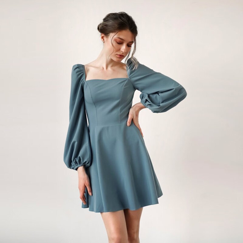 GirlKino Casual Square Neck Puff Sleeve A-Line Dress Autumn Backless High Waist Elegant Vintage Party Mini Dresses For Women