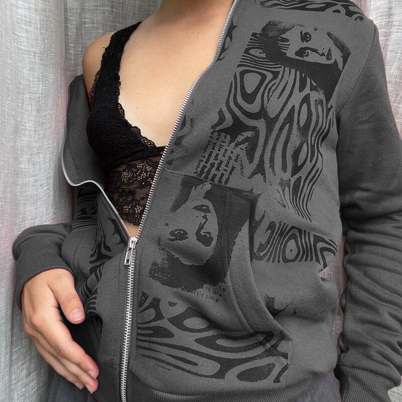 GirlKino Punk Style Sweatshirts Zip Up Long Sleeve Hoodies Coat Autumn Winter Vintage Harajuku Gothic Grunge Clothes Streetwear