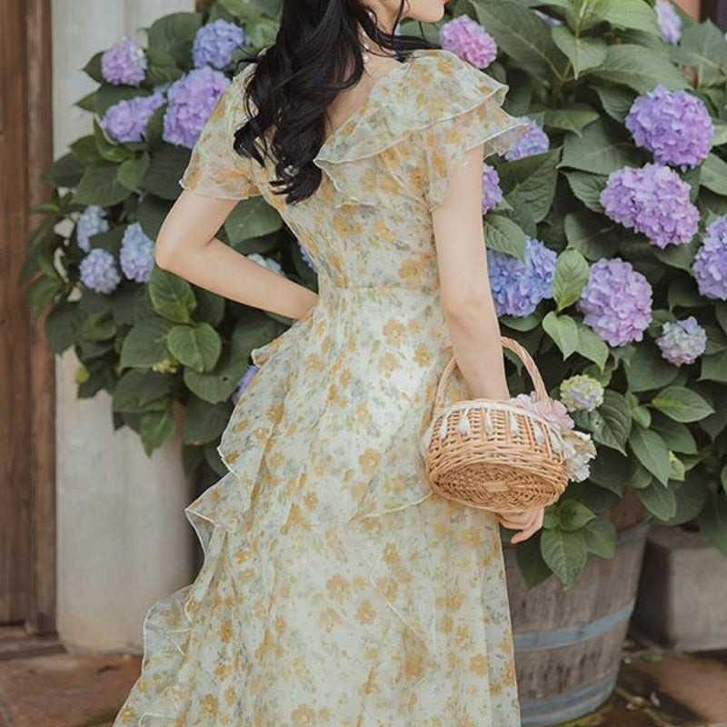 GirlKino French Vintage Fairy Dress Women Ruffle Irregular Designer Long Floral Dress 2022 Summer Elegant Korean Holiday Victorian Dress