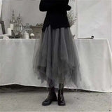 GirlKino Gothic Gray Tulle Long Irregular Pleated Skirts Elastic High Waist A-Line Mesh Midi Skirts Vintage Punk Streetwear Streetwear