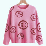 GirlKino Autumn Winter Pink Smiley Face Sweater Women's Knitted Round Neck  Tops Female Korean Loose Oversized Short Bottoming Sweaters