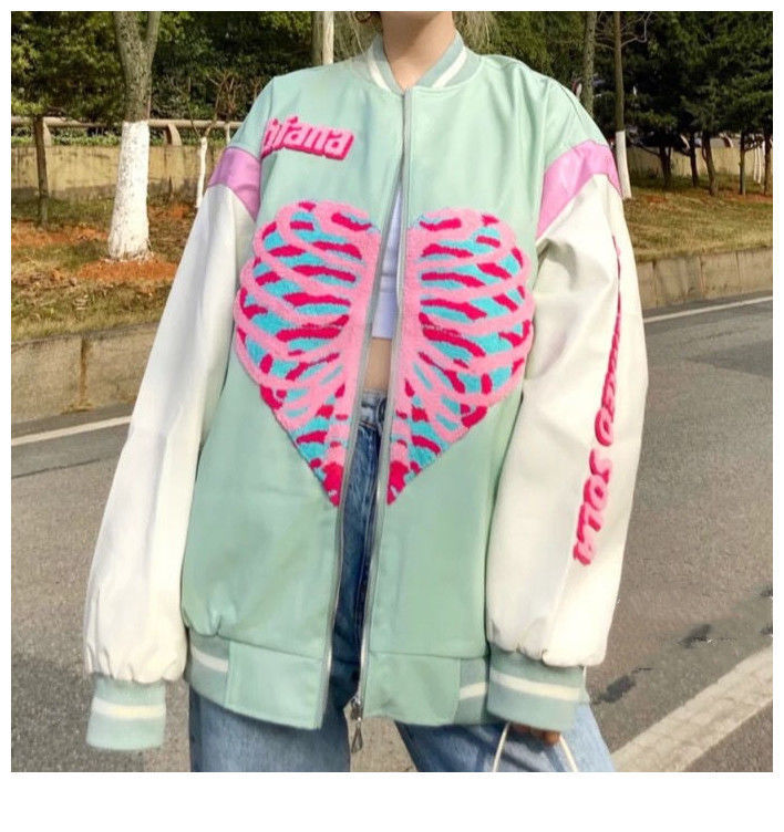 GirlKino 2022 Spring Fashion Heart Printing Baseball Jacket Couple Clothes Jacket Women Coat Women Korean Tops Women Oversized Jacket Hot