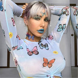 GirlKino Women Long Sleeve Mesh See Through Top Beach Club T-Shirts Summer Butterfly Print Sheer Sexy Tee Shirts Fashion Clothes