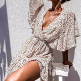 GirlKino Women Sexy Deep V Neck Leopard Print Mini Dress Summer Fashion Back Button Ruffle Short Sleeve Chiffon Woman Beach Dresses Robe