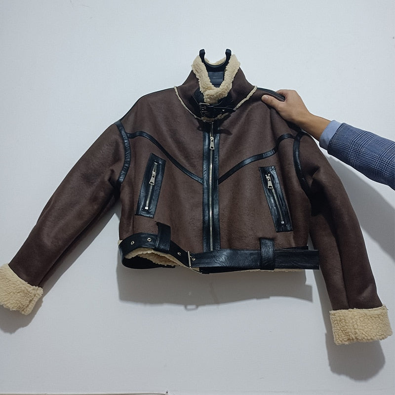 Girlkino 2022 New Fashion Suede Teddy Brown Woman Jacket Vintage Patchwork PU With Zipper Winter Coat Women Female Outwear Tops