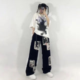GirlKino New Punk Patchwork Pattern Jeans Graffiti Korean Fashion Loose Harajuku Women's Hip-Hop Street Super Wide-Leg Pants 90'S Retro