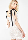 Girlkino Dolly Mini Dress Features Pleated Lace Satin Straps Ruffled Scalloped Hemline Front Buttons Short Party Dress