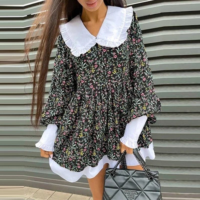 GirlKino Sweet Peter Pan Collar Flower Printing Dress Autumn Cute Lantern Sleeve Loose Casual Mini Dresses For Women