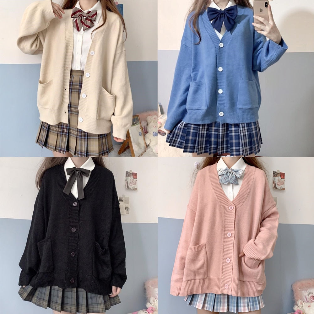 GirlKino Japanese Style Sweater Spring Autumn V-Neck Cotton Knitted Sweater JK Uniform Cardigan Multicolor Cosplay Women's Wear