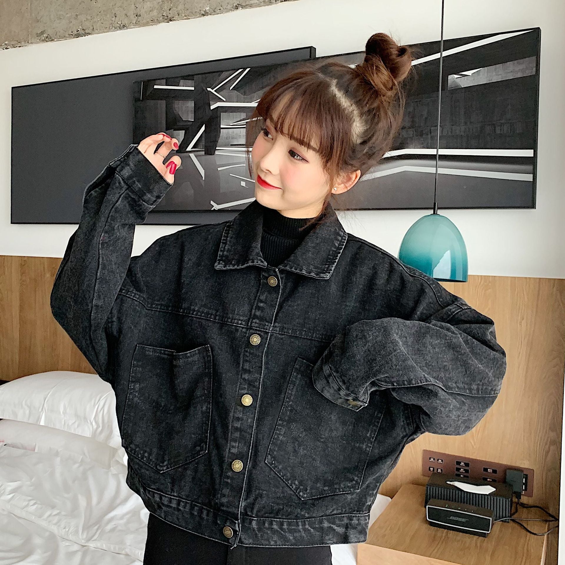 GirlKino Harajuku Black Denim Short Jacket Women Korean Loose Bomber Jacket Female Outerwear Streetwear Long Sleeve Casual Overcoat Mujer