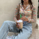 GirlKino Y2K Color Wave Print T-Shirt Button Up Long Sleeve Skinny Women Crop Top 90S Vintage Aesthetic Autumn Tee Shirt Streetwear