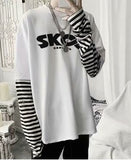 GirlKino Rainbow Sleeve Harajuku T-Shirt Women's Stitching Long Sleeve T-Shirt Stripe Printing O-Neck Chic Tops 2022 Summer Streetwear