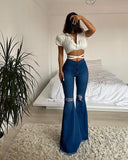 GirlKino  New Women Denim Flared Pants High-Waisted Button Holes Ripped Bodycon Bell-Bottoms Trousers Solid Tight Summer Clothing