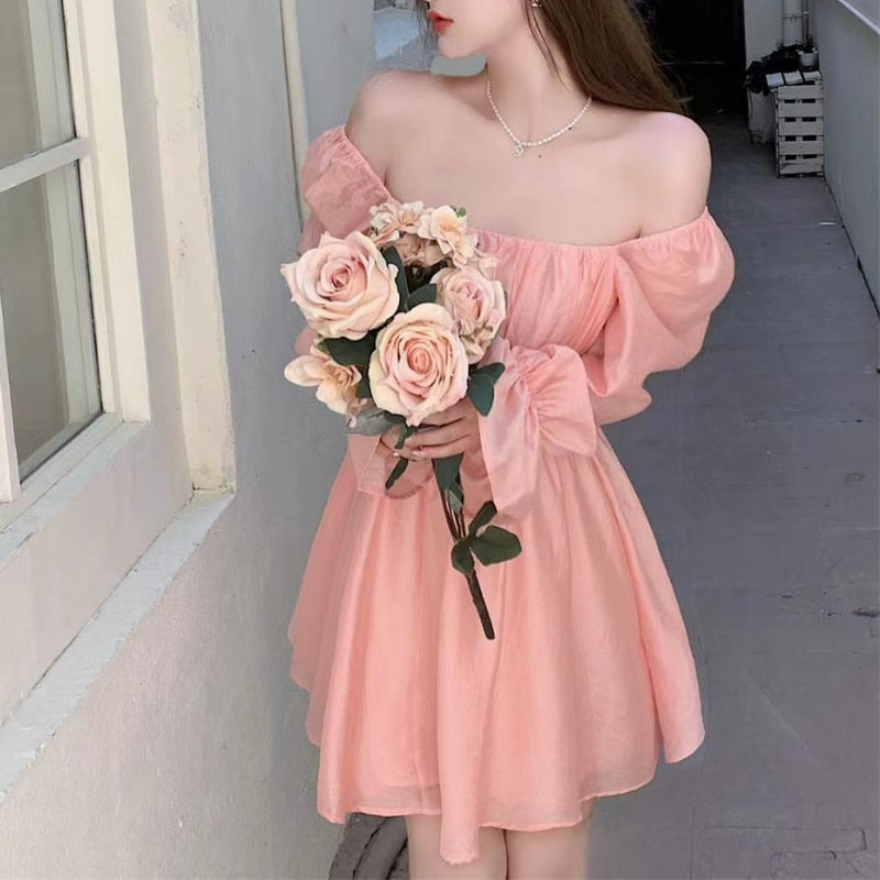 GirlKino Pink Sweet Elegant Princess Dress Women Casual Korean Slim Long Sleeve Fairy Dress Female Backless Design Vintage Dress 2022 New