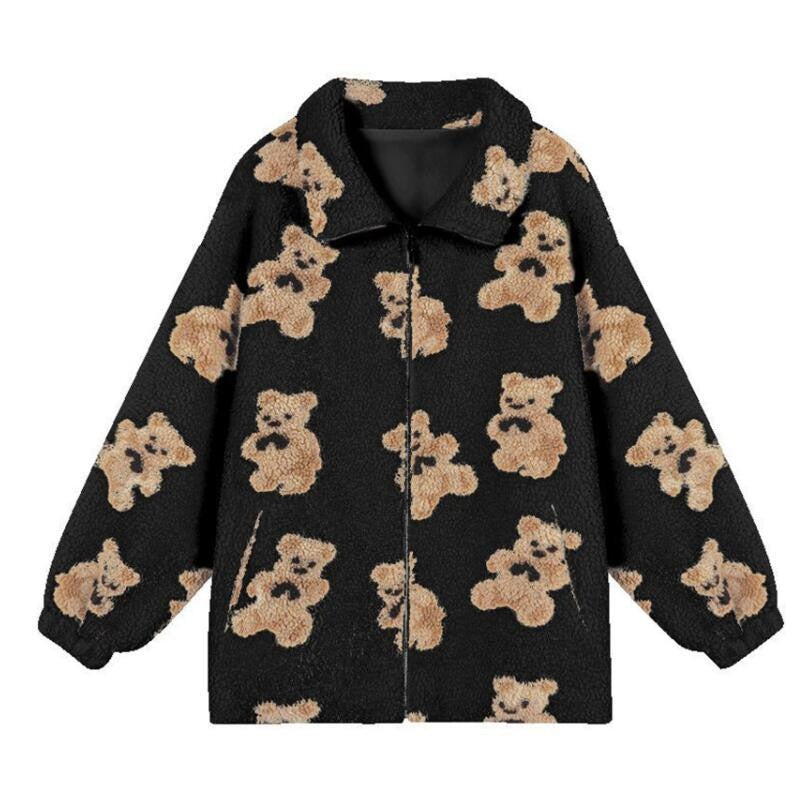 GirlKino Cute Bear Women Hoodies Oversized Couple Chic Zip Up Sweatshirts Loose Thick Warm Fleece Coat Harajuku Casual Pullovers Clothes
