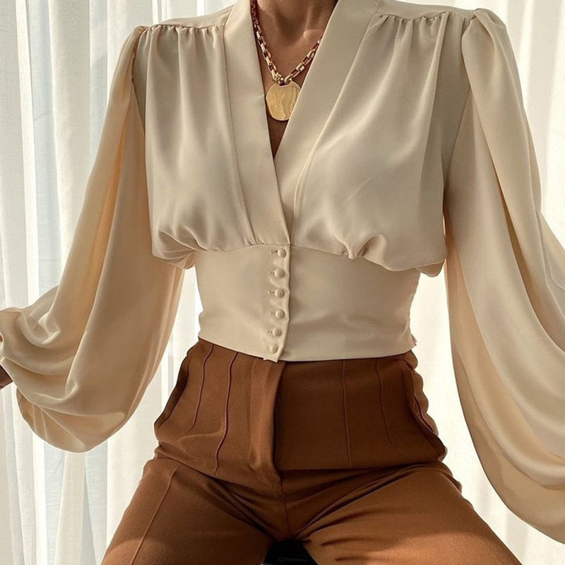 GirlKino New Women Solid Chiffon Button Shirt Blouses For Women Puff Long Sleeve Tops Women  V Neck Clothing 2022 Female Button Up Shirt