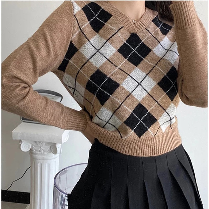 GirlKino Autumn Plaid Knitted Crop Sweater Women V-Neck Long Sleeve Pullovers Casual Short Sweater Top Loose Warm Pull Femme