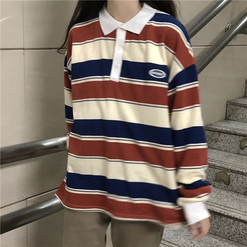 GirlKino Retro Ins Stripe Hit Color Wild Loose Polo Collar Pullover Sweatshirt Women Loose Harajuku Street Korean Style Top Autumn