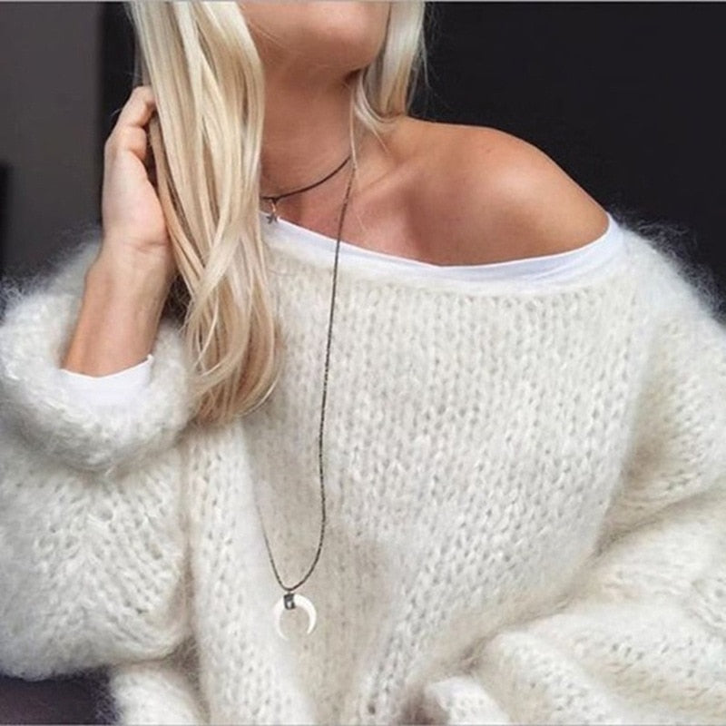 GirlKino Mohair Sweater Women Autumn Winter Knitted Tops Fashion Casual Lantern Long Sleeve Loose Pullover Sweater Top Solid Color Jumper