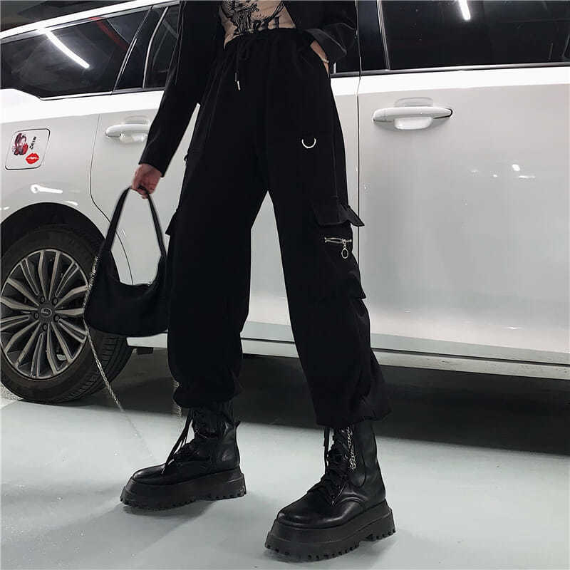 GirlKino Techwear Black Cargo Pants Women Hippie Streetwear Punk High Waist Korean Style Oversized Trousers Female Sweatpants