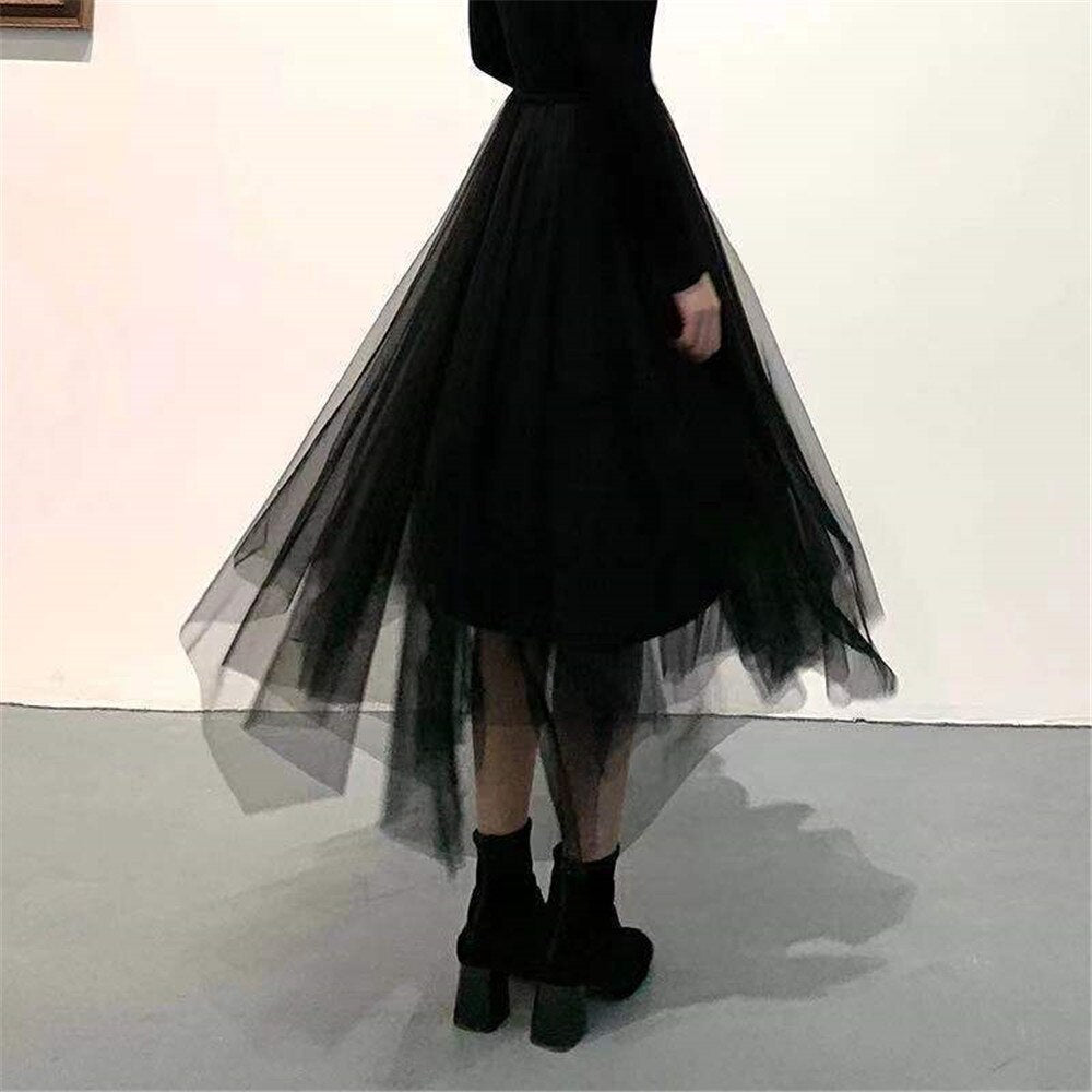 GirlKino Gothic Gray Tulle Long Irregular Pleated Skirts Elastic High Waist A-Line Mesh Midi Skirts Vintage Punk Streetwear Streetwear