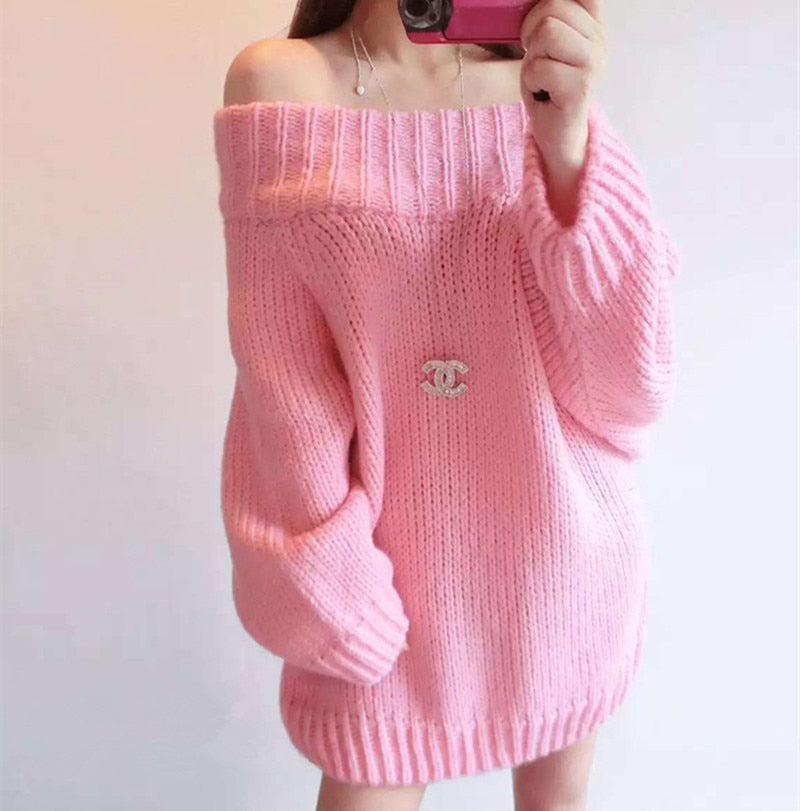 GirlKino Autumn Winter Women Basic Pullover Sweaters Female Sexy Slash Neck Off Shoulder Knitted Sweater Long Thick Warm Pullovers Tops