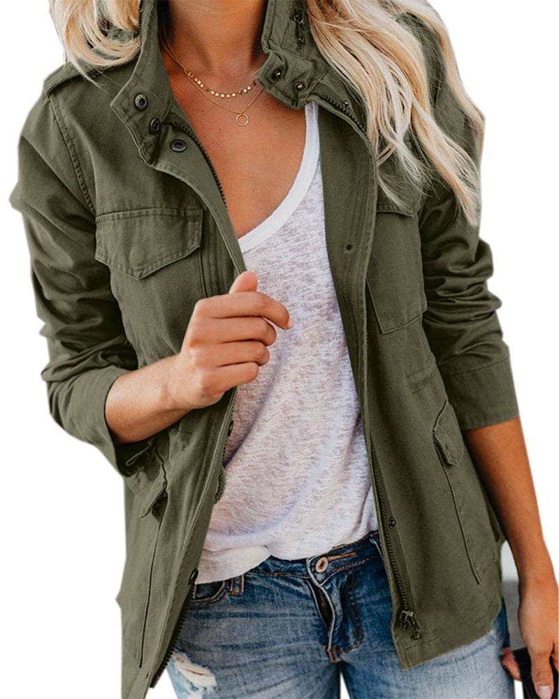Soncielife Women's Spring Jacket Zip Up Outerwear Female Clothes Streetwear Autumn Coat Stand Collar Windbreaker Green Military Jackets