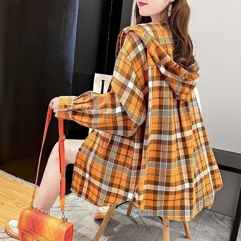 GirlKino Hooded Loose Check Shirt Women's Port Style 2022 Early Spring New Korean Version Versatile Long Sleeve Spring Medium And Coat