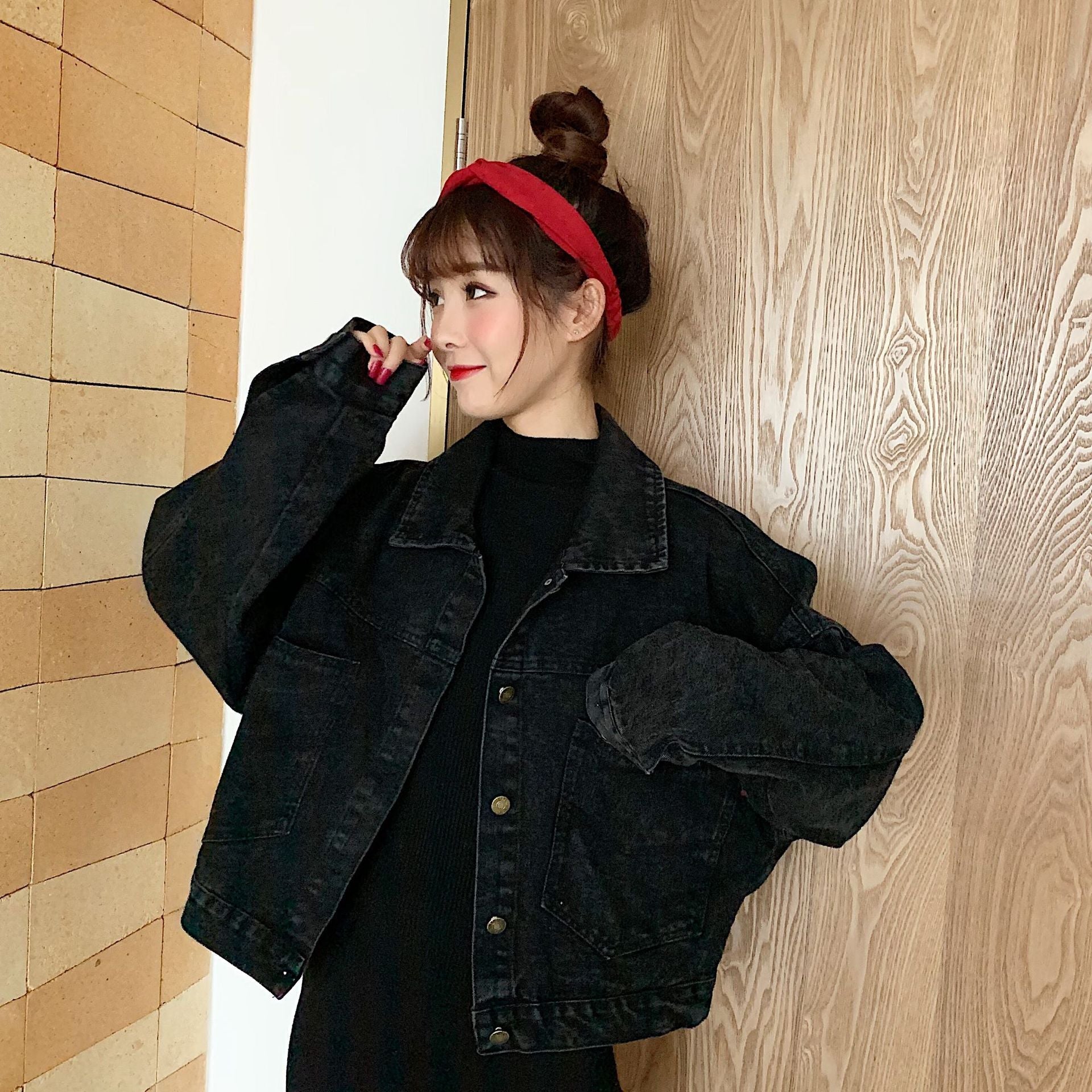 GirlKino Harajuku Black Denim Short Jacket Women Korean Loose Bomber Jacket Female Outerwear Streetwear Long Sleeve Casual Overcoat Mujer