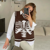 GirlKino Autumn V-Neck Sweater Vest Sternum Skull Printed Knitted Vest Skeleton Loose Casual Sleeveless Top Preppy Style Tops Women