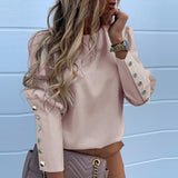 GirlKino Spring Autumn O Neck Ruffle Blouse Shirts Elegant Office Lady Back Metal Buttons Blouses Casual Women Long Sleeve Blusa Tops 3XL