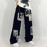 GirlKino New Punk Patchwork Pattern Jeans Graffiti Korean Fashion Loose Harajuku Women's Hip-Hop Street Super Wide-Leg Pants 90'S Retro