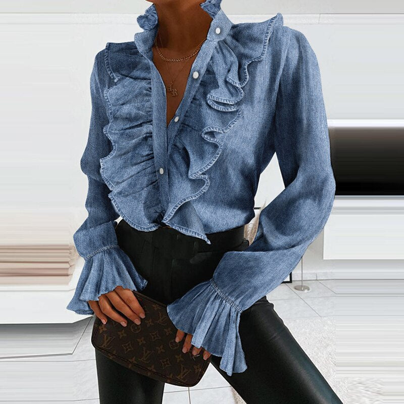 GirlKino Summer Ruffle Button Chiffon Blouse Spring Elegant Flare Sleeve Women Tops Blusa Office Lady Sexy V-Neck Pleated Blouse Shirt XL