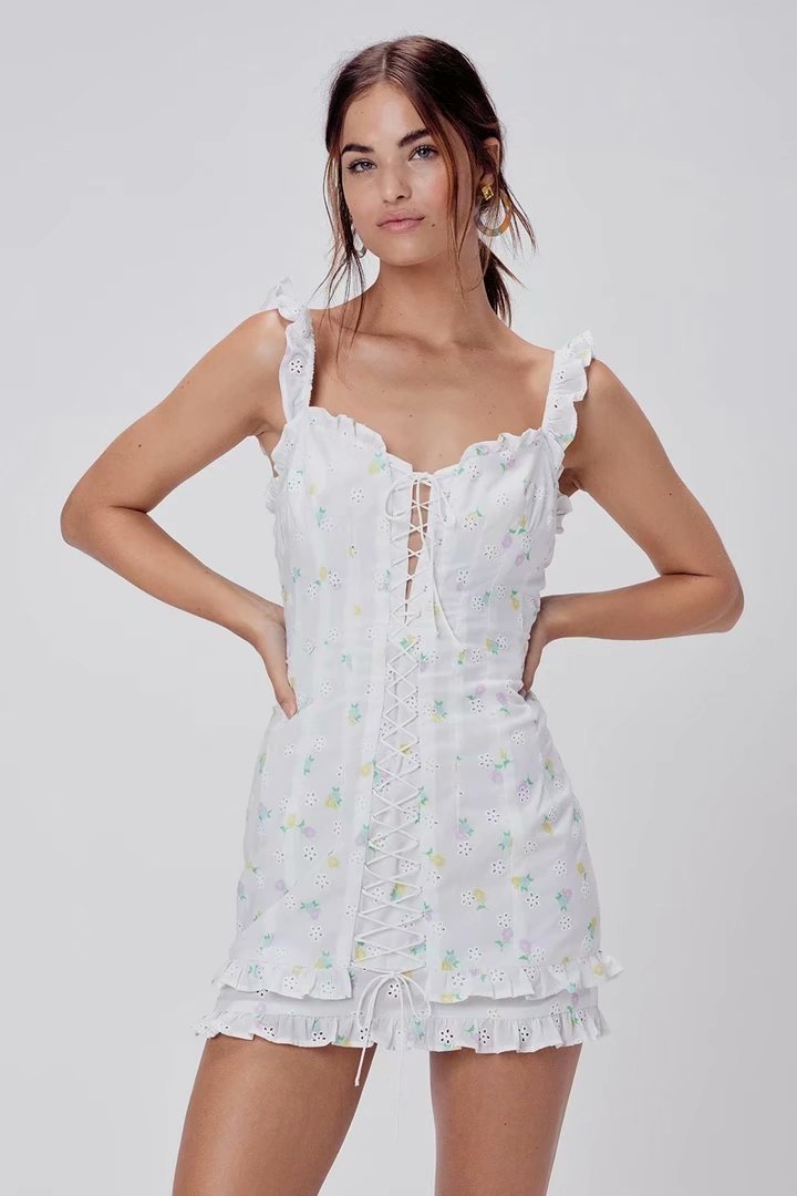 Girlkino Fashion Summer Dress Women Sleeveless Zipper Cotton Embroidery Backless Ruffles Lining White Mini Dress Femme Vestidos