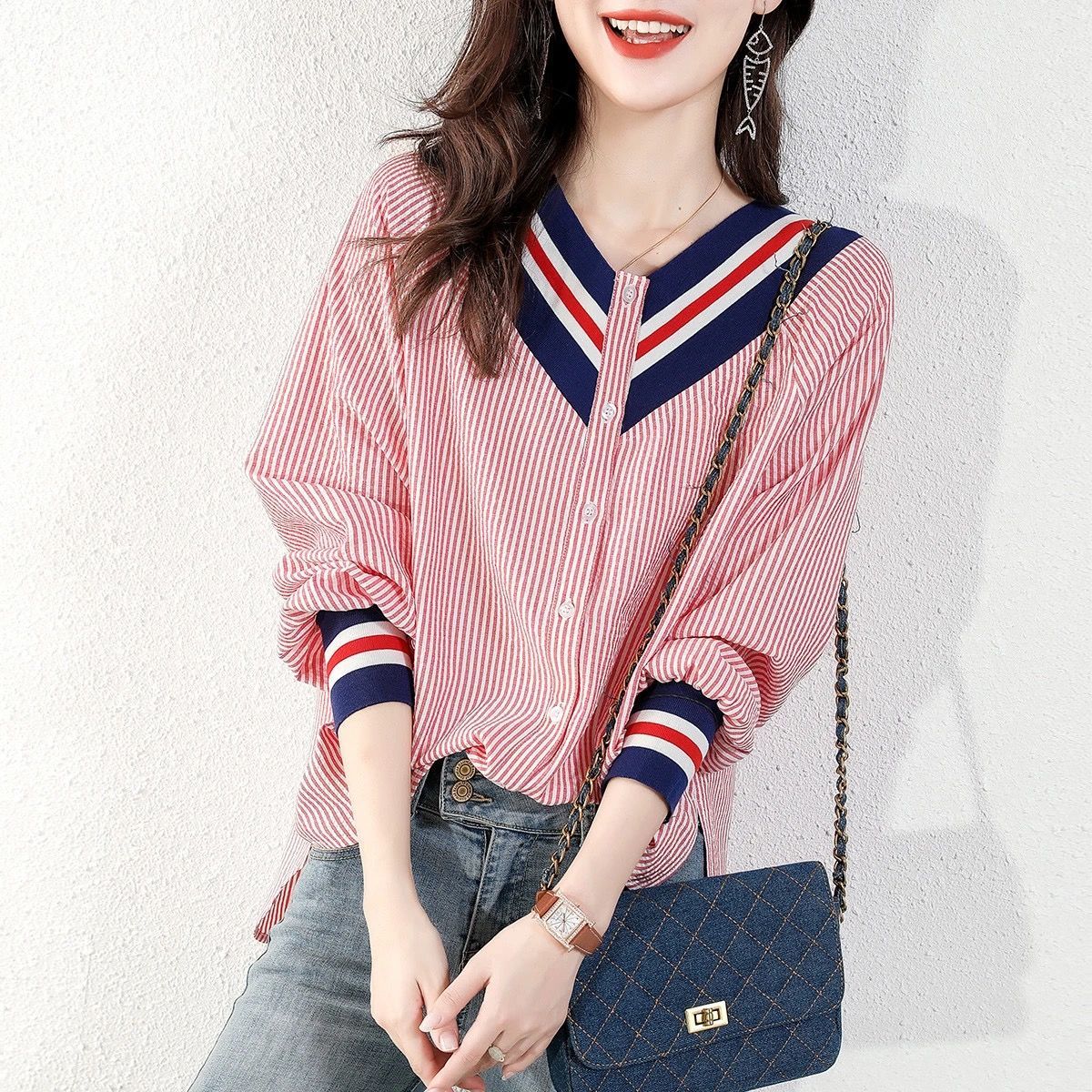 GirlKino Temperament Stripe Korea Fashion College Loose Thin V-Neck Shirt Women's Long Sleeve Cardigan Casual Coat Ladies Office