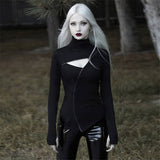 GirlKino Halloween Medieval Cosplay Women Turtleneck Black Tops Gothic Punk Zipper Sexy Hollow Out Long Sleeve T-Shirt Carnival Party Goth Costumes
