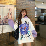 GirlKino Oversized Hoodie Autumn Winter Women's Long Sleeve Warm Harajuku Sweatshirt Pullover Streetwear Purple Monster Print Jacket Tops