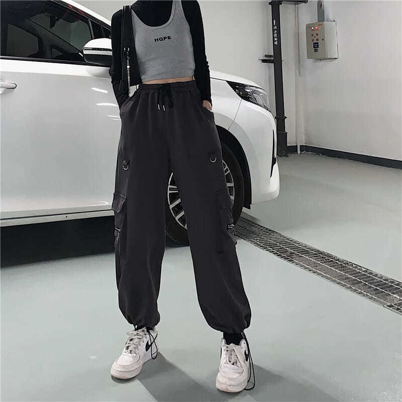 GirlKino Techwear Black Cargo Pants Women Hippie Streetwear Punk High Waist Korean Style Oversized Trousers Female Sweatpants