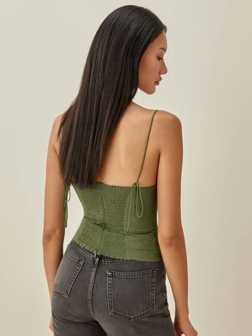Girlkino Adjustable Spaghetti Straps Camis France Slim Women Tank Top Summer Elegant Green Side Zipper Tube Tops