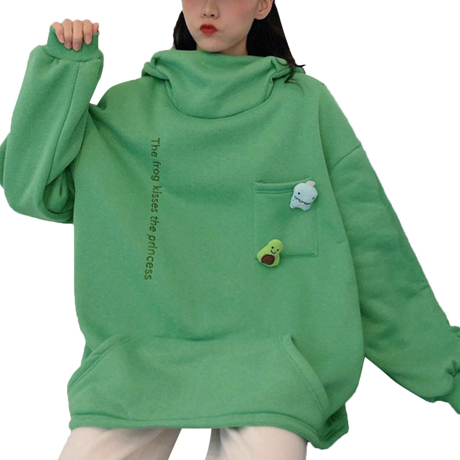 GirlKino Cartoon Lover's Cute Long Sleeve Sweatshirt Loose Printing Tops Casual High Collar Pocket Frog Head Warm Hoodie Pullover