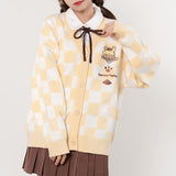 GirlKino Japanese Kawaii Sweet Cartoon Woman Cardigan Sweater 2022 Autumn Winter Student Girl Checkered Casual Sweter Women Cute Sweater