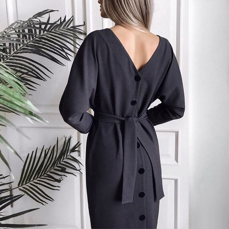 GirlKino Sexy V-Neck Belt Batwing Sleeve Midi Dress Autumn Solid Color High Waist Night Club Party Dresses For Women 2022