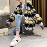 GirlKino Cute Girl Knitted Heart Sweater College Style Large Loose Pocket Harajuku V-Neck Button Cardigan Sweater Coat S ~ 2XL