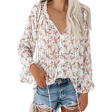 GirlKino Women Floral Print Chiffon Blouse V Neck Drawstring Flared Long Sleeves Pullover Casual Tops Office Lady Flower Blouses