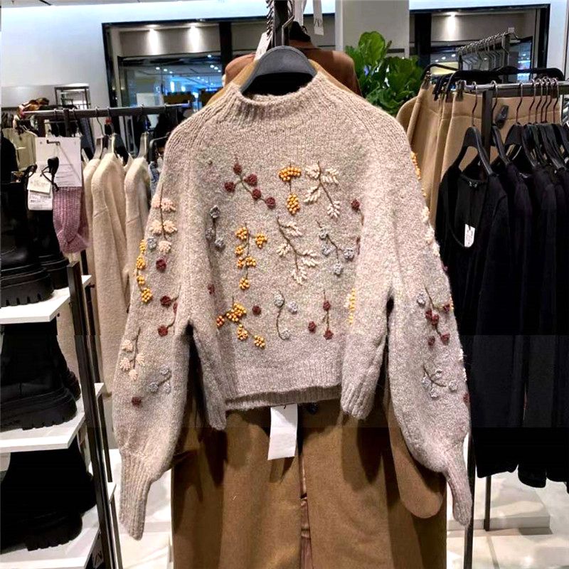 GirlKino 2022 Winter Women Sweater Vintage Long Sleeve Pullover Chic Flowers Beaded Harajuku Knitted Sweateres Jumpers Top Femme