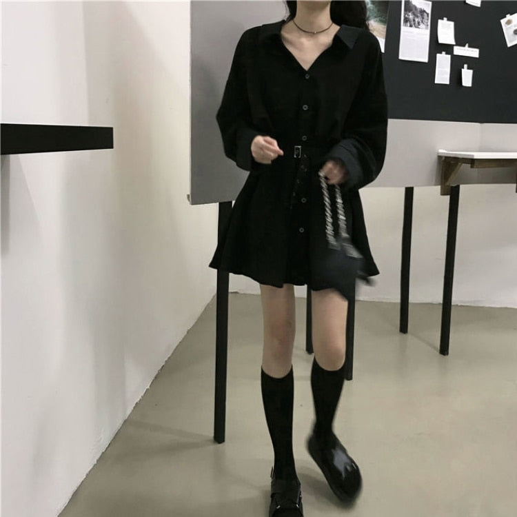 GirlKino Goth Long Sleeve Dress Women Plus Size Harajuku Punk Black Mini Dresses Autumn Lace Up High Waist A-Line Vintage Gothic Clothes
