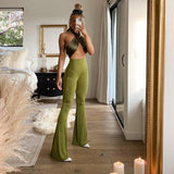 GirlKino Spring High Waist Flare Stretch Pants For Women Fashion Green Slim Long Trouser Streetwear Casual Solid Woman Pants