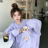 GirlKino Harajuku Chic Crewneck Women Sweatshirt Pullover Hoodies Solid Color Oversized Bear Female Clothes Loose Cute Kawaii Sweetshirt